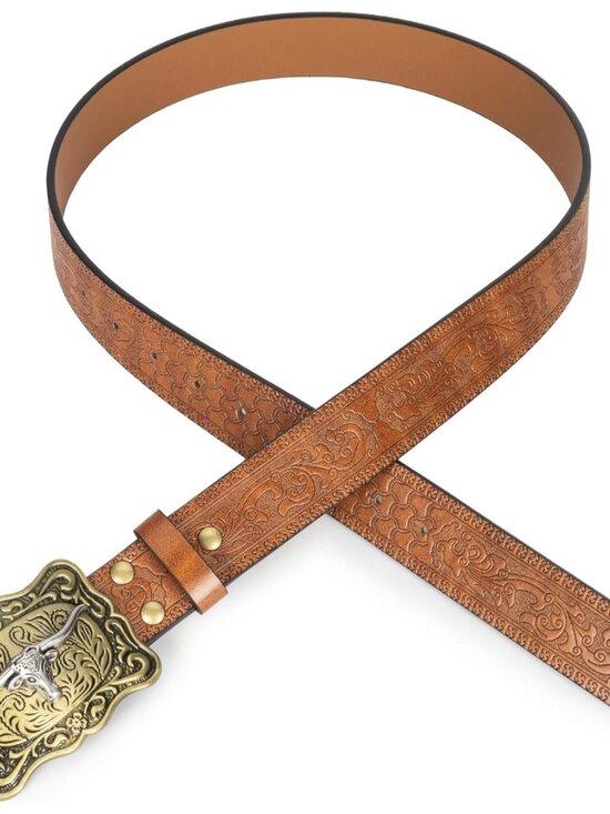 Women's Brown 2 Western Pu Leather Longhorn Bull Turquoise Embossed Buckle Belt - Picture 4 of 7